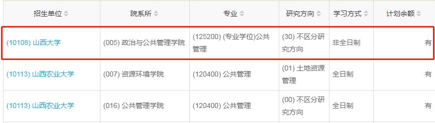 山西大學2023年公共管理（MPA）少量調劑指標